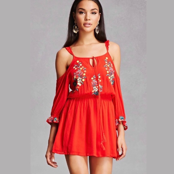 Embroidered Cold Shoulder Dress - Picture 1 of 4